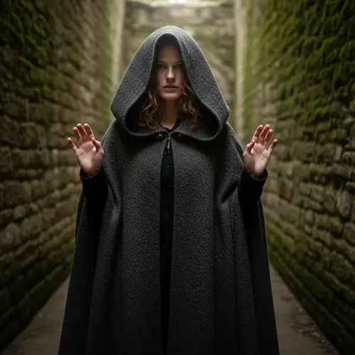 Stylish 20-year-old Caucasian woman in cloak with hood