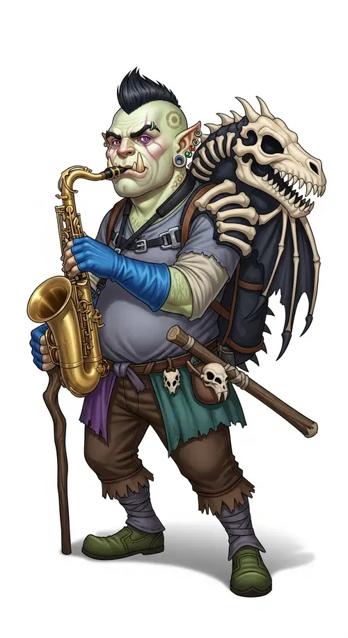 Male Half-Orc Entertainer with Violet Eyes and Large Tusks