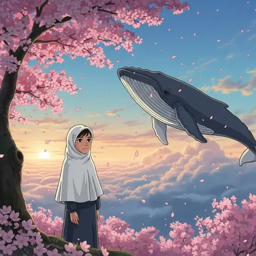 Middle-Eastern Girl in White Hijab amidst Sakura Flowers