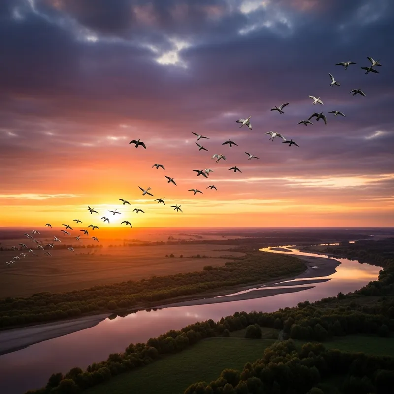 Migration: Birds in the Stunning Sunset Sky Migration: Birds in the Stunning Sunset Sky
