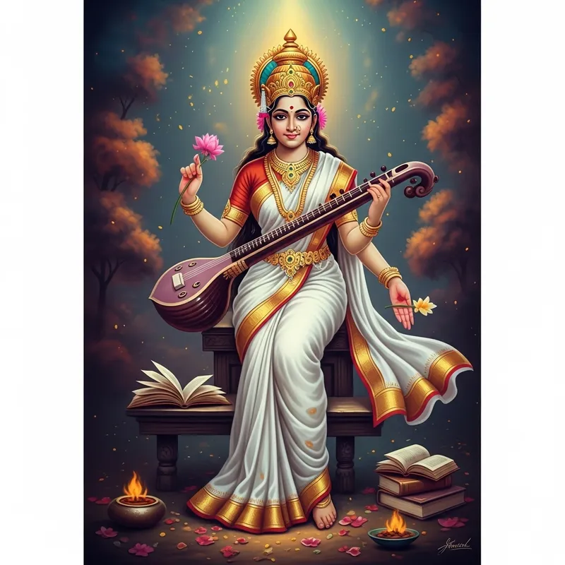 Saraswathie, Hindu Goddess in Flowing White Saree, Dreamlike Colors