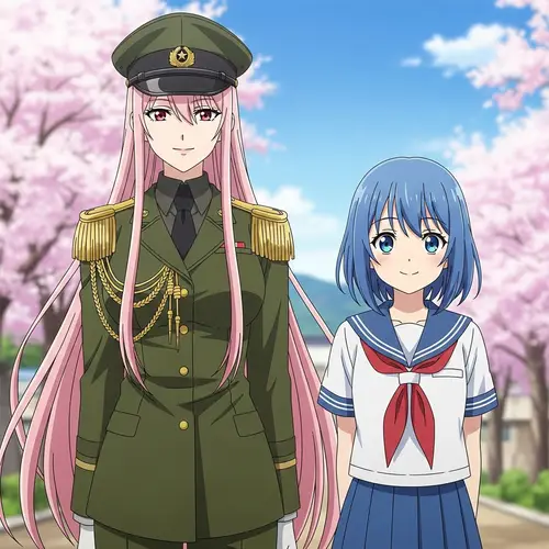 Anime-Style Illustration of Two Characters: Pink-haired Woman and Blue-haired Girl