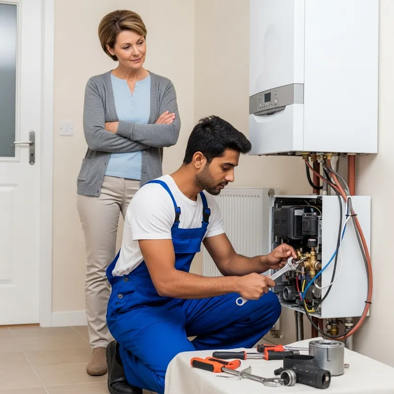Middle-Aged Lady Observing Heating System Installer Middle-Aged Lady Observing Heating System Installer