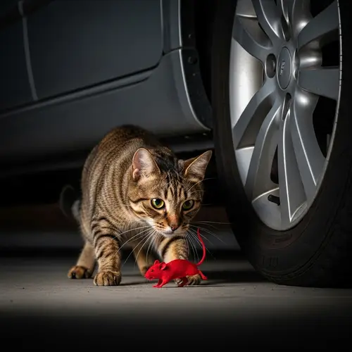 Fierce Feline Hunting Red Rodent - Under Car Shadow