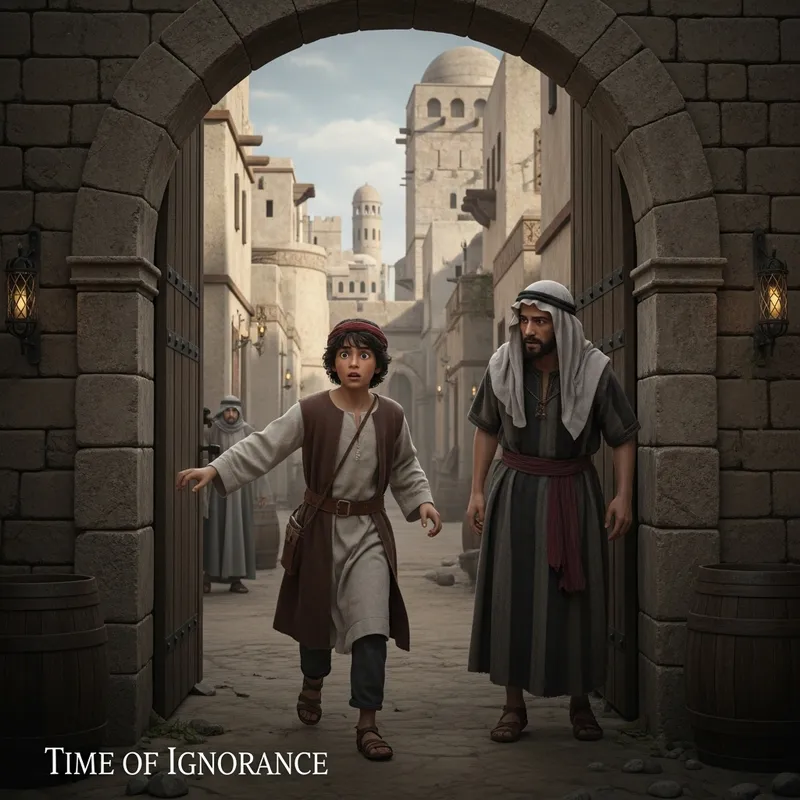 Encounter: Young Boy Enters City Gates in Ancient Era
