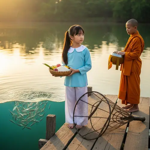 Vietnamese Girl Balancing Food Offering and Fish Saving