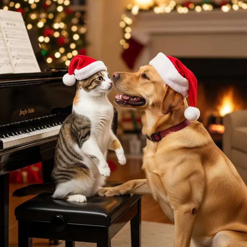 Happy Cat (Tri-Color) and Labrador Dog in Christmas Hats Playing Piano