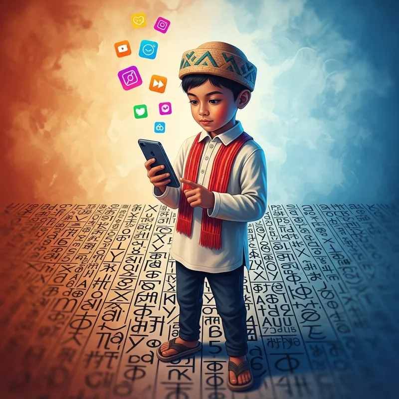 Filipino Boy with Vibrant App Icons and Baybayin Script Filipino Boy with Vibrant App Icons and Baybayin Script