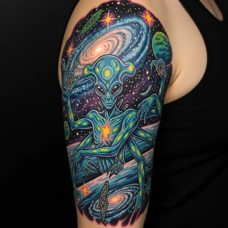 Intricate Alien Life Form Tattoo in Cosmic Landscape