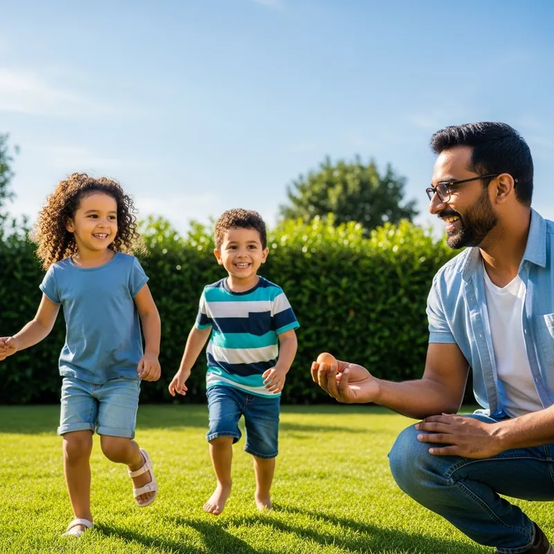 Kids Happily Running to Dad Picking Up An Egg