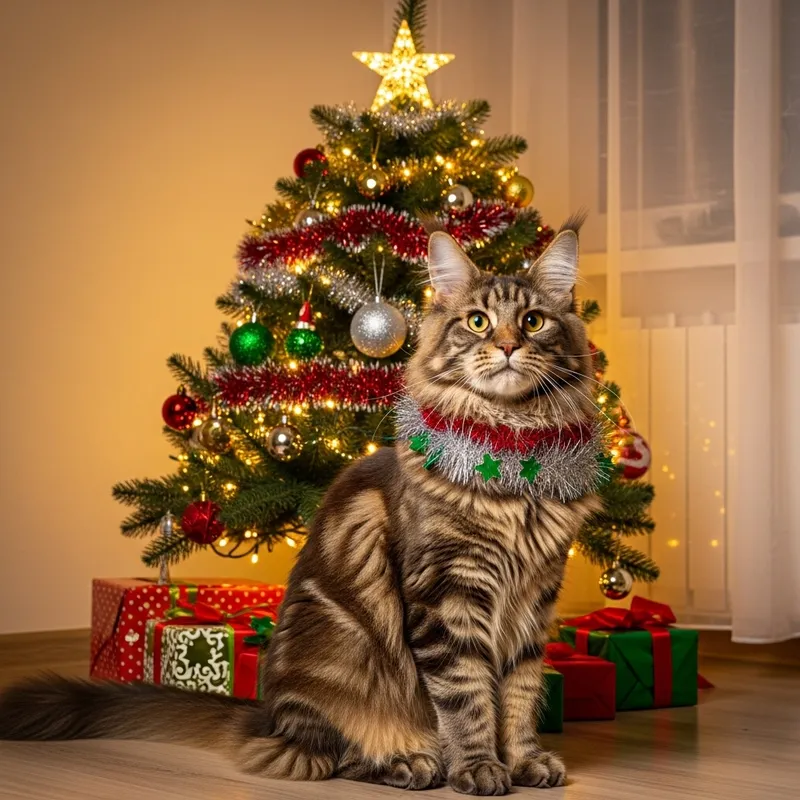 Festive Mainecoon Cat & Christmas Tree Scene