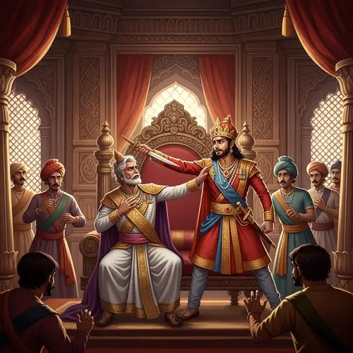 Dramatic Historical Scene in India: Ambitious Prince Seizing Crown