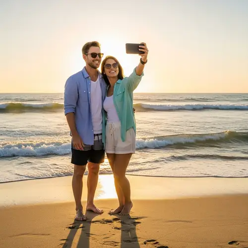 Beach Selfie: Caucasian Man and Hispanic Woman Enjoy Sunset