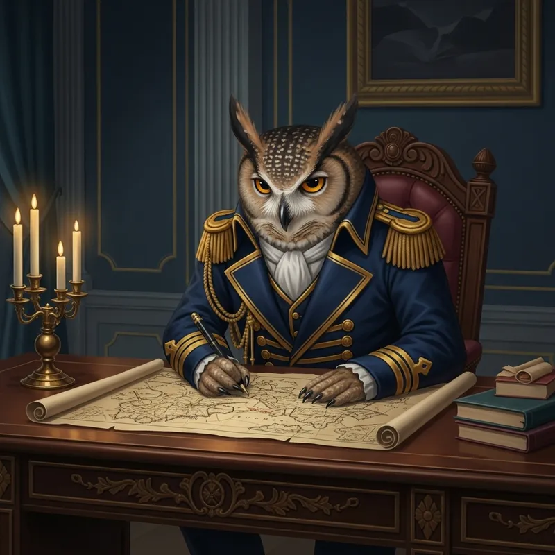Distinguished Owl in Royal Navy Attire Studying Intricate Map