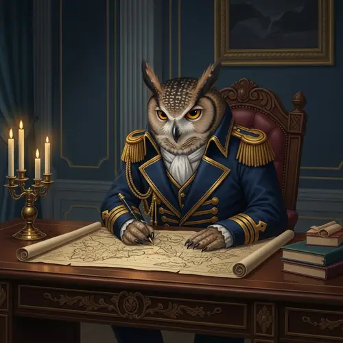 Regal Owl Studying Map in Elegant Navy Attire