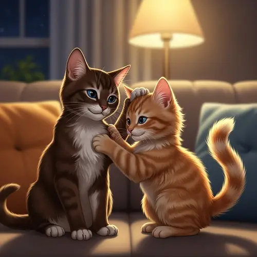 Adorable Blue-eyed Kitten Camaraderie on a Cozy Nighttime Couch