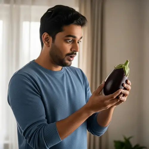 South Asian Male Admiring Vibrant Eggplant