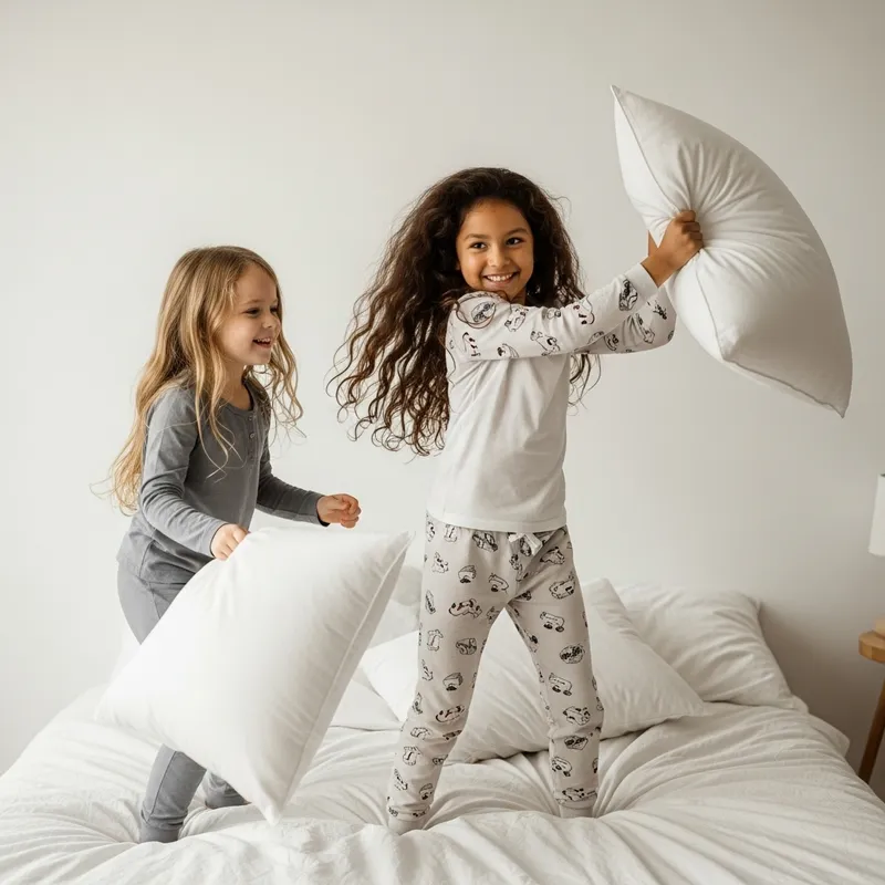 Innocent Joy of Childhood: Sweet Pillow Fight on Bed