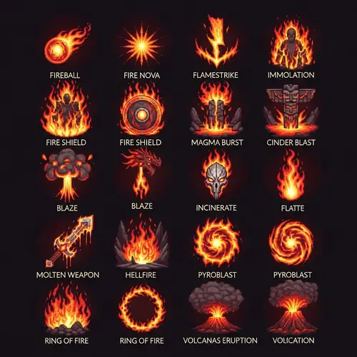 Fire Skill Icons for Classic Video Game Aesthetic