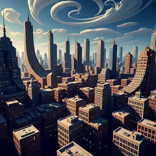 Surreal Abstract Cityscape Art: Vibrant, Twisting Buildings