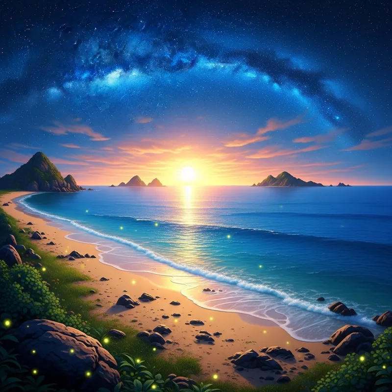Breathtaking Beach Scene: Twilight Waves of Tranquility & Nighttime Splendor