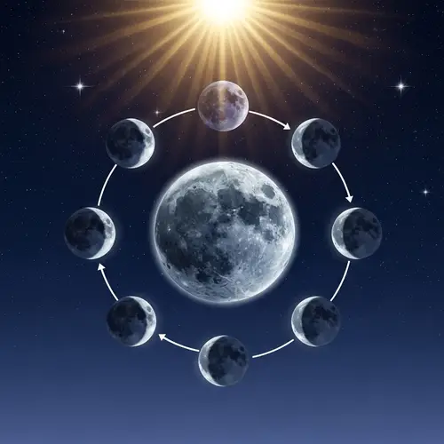 Artistic Lunar Cycle Representation with Main Moon and Phases