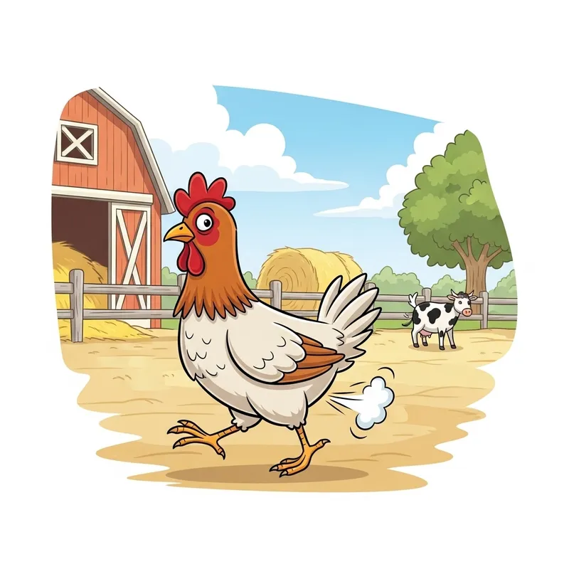 Funny Chicken Farting in a Cartoon Farm Scene