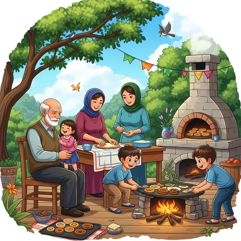 Family New Year Celebration in a Levantine Village Garden Family New Year Celebration in a Levantine Village Garden