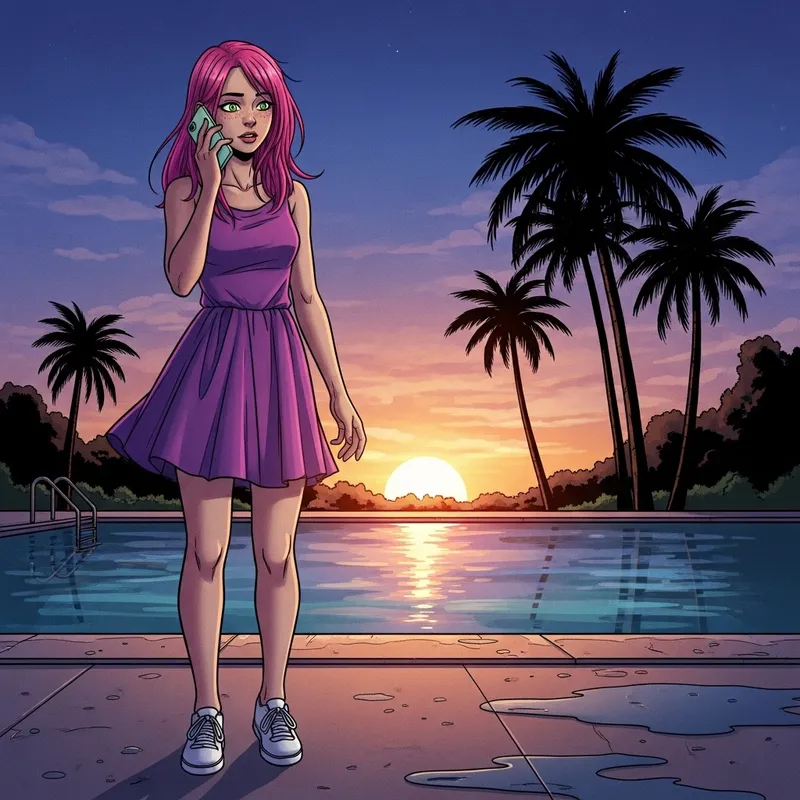 Vibrant Student Chat: Playful Girl Poolside in Purple Dress