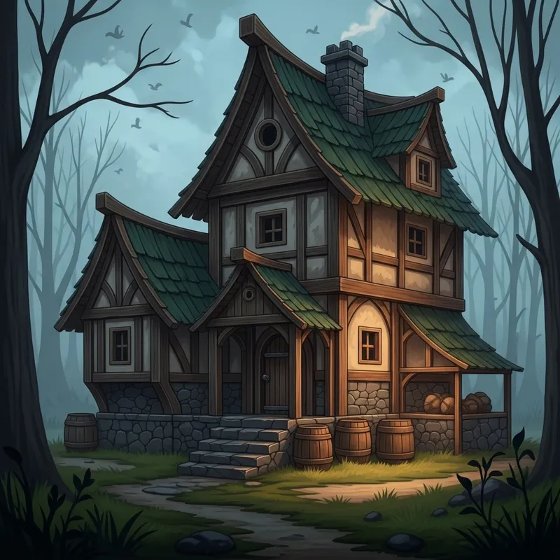 Fantasy Medieval Townhouse with Dark Magic Owner in Secluded Setting