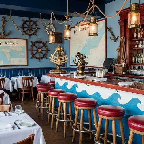 Nautical-Themed Restaurant | Azure Hues, Antique Decor, Red Oak Bar