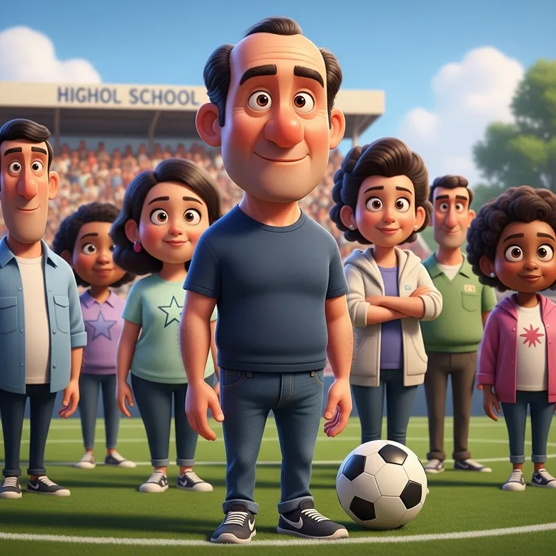 Pixar-style Middle-Aged Man at High School Soccer Game Illustration Pixar-style Middle-Aged Man at High School Soccer Game Illustration