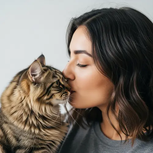 Romantic Moment: Young Hispanic Woman Kissing Fluffy Cat