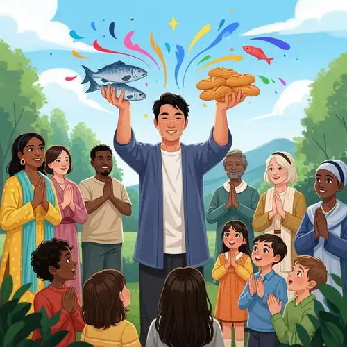 Multiplication of Loaves and Fishes - Diverse Gathering Illustration