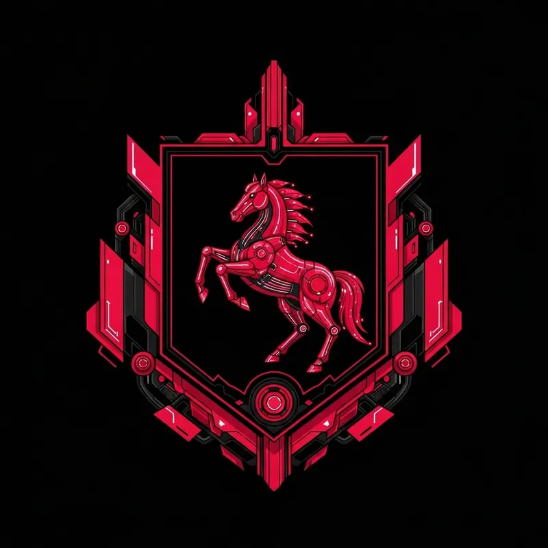Sophisticated Crimson & Black Coat of Arms with Futuristic Horse Design
