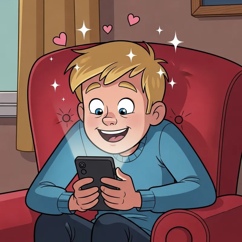 Disney-Style Blonde Boy Watching Phone with Love