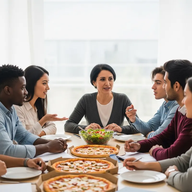 College Students Enjoying Pizza and Salad with Professor | Study Session