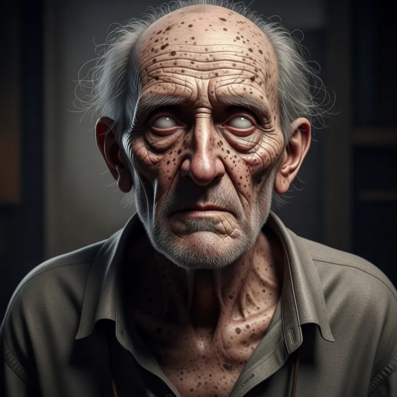 Eerie Realism: Frail Elderly Man with Blind Eyes in Realism Style Eerie Realism: Frail Elderly Man with Blind Eyes in Realism Style