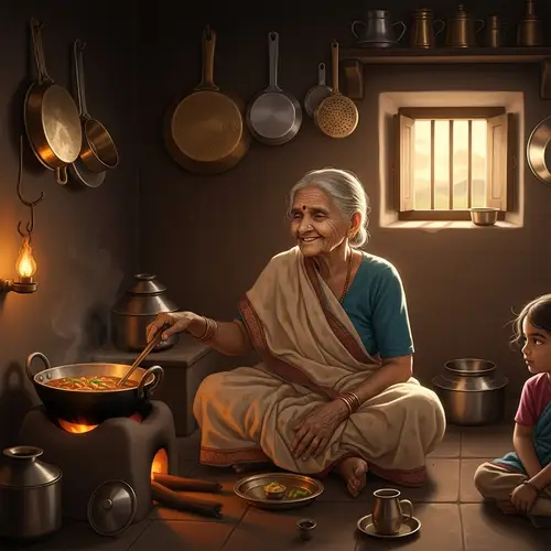 Elderly Indian Woman Cooking Curry in Traditional Kitchen