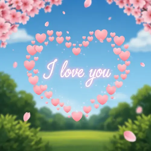 Romantic 'I Love You' Scene with Pink Hearts and Cherry Blossoms