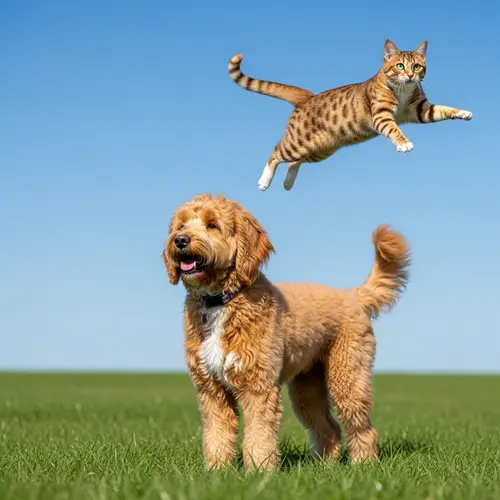Charming Golden Doodle and Flying Cat in Fantasy Sky