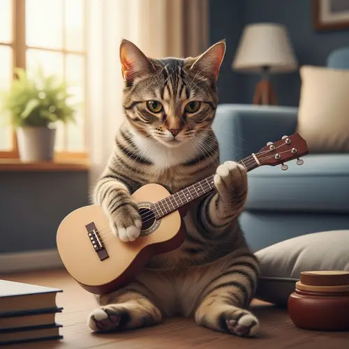 Enchanting Scene: Cat Playing Guitar in Cozy Living Room