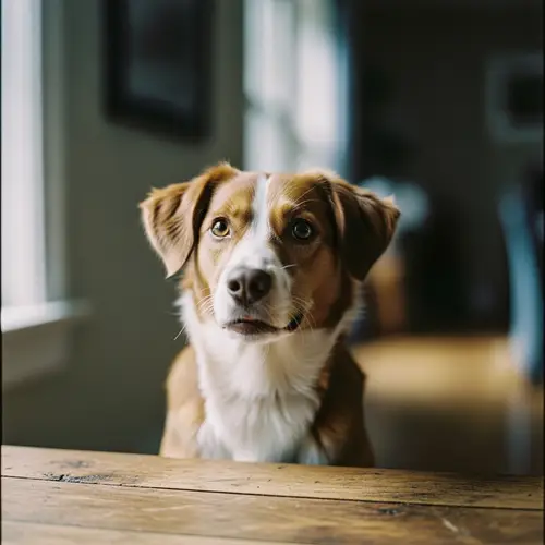 Adorable Canine on Wooden Table - Vintage Film Photography Style