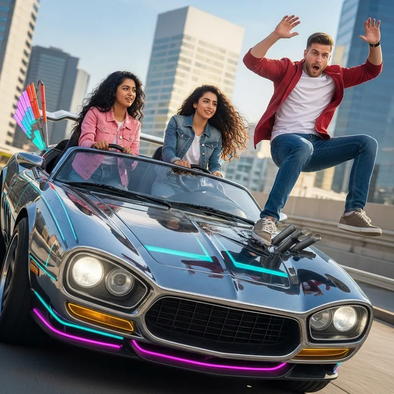 Stylish Girls Running Over Man in Cool Car Scene