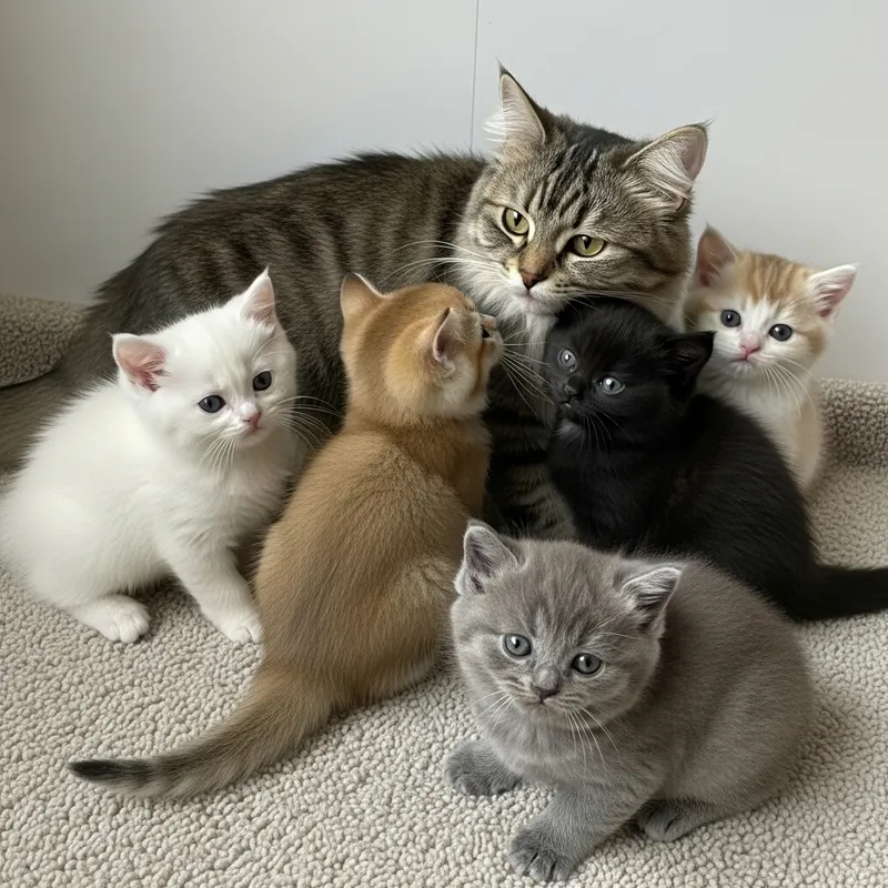 5 Adorable British Long Hair Kittens with Nurturing Mixed-Colored Mother Cat