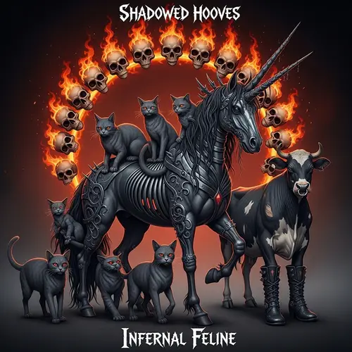 Gothic Unicorn Rock Album Cover with Grey Cats & Flaming Skulls