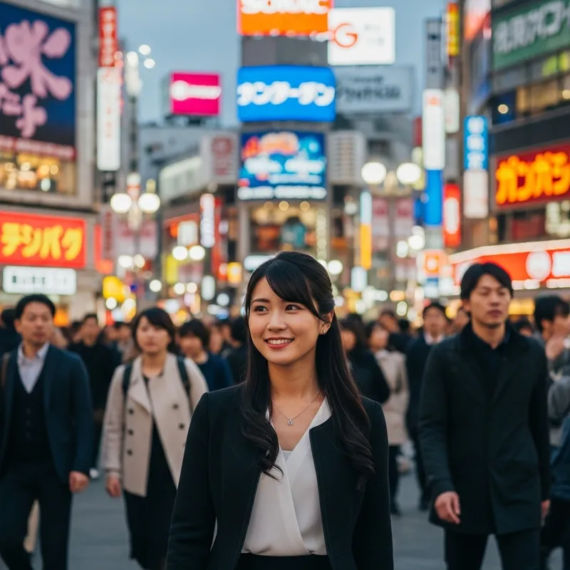 Young Japanese Woman with Long Black Hair Smiling in City Streets