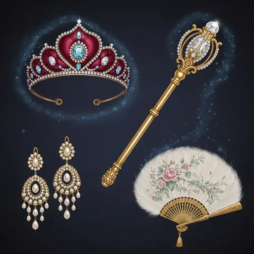 Fantasy Princess Accessories - Tufted Tiara, Gold Scepter, Pearl Earrings, Feathered Fan