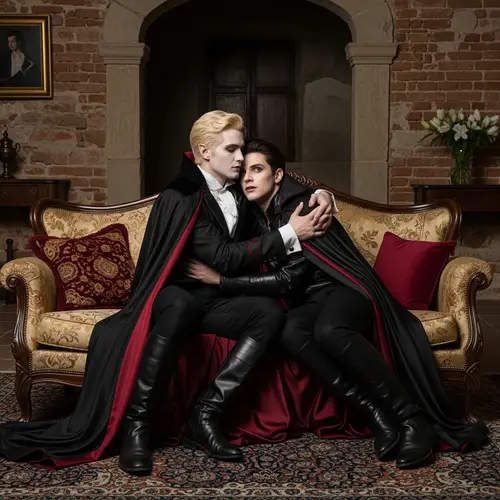 Classic vs. Modern Vampires: Camaraderie on Antique Sofa