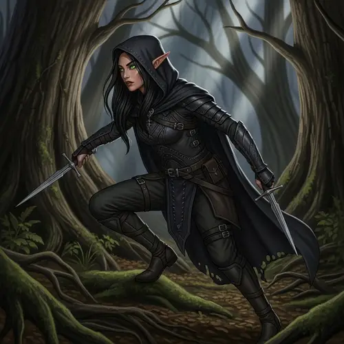 Half-Elf Rogue with Black Hair and Green Eyes